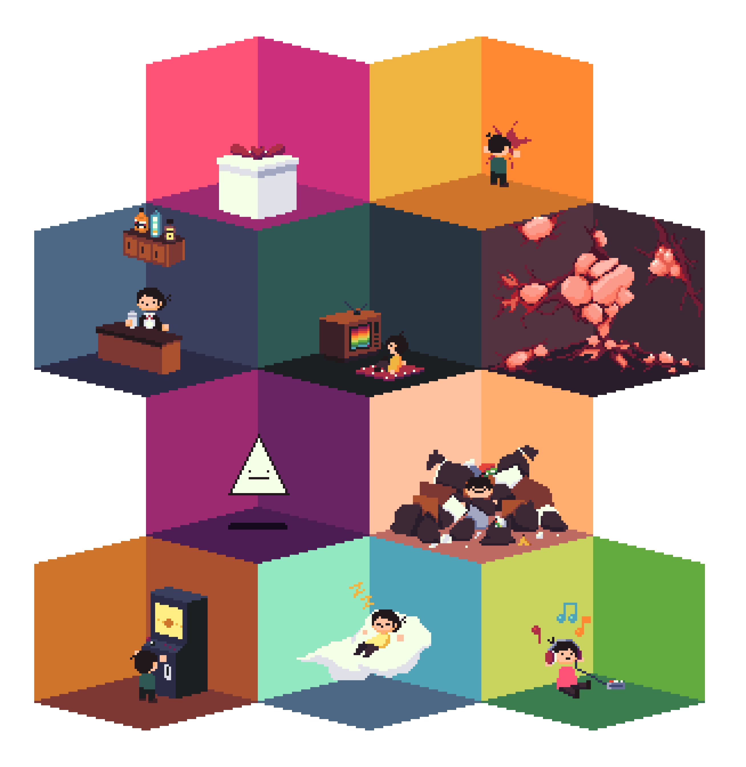 Pixel art self-portrait by Wichan Kim — a tower of colored rooms each showing a different facet of his life.