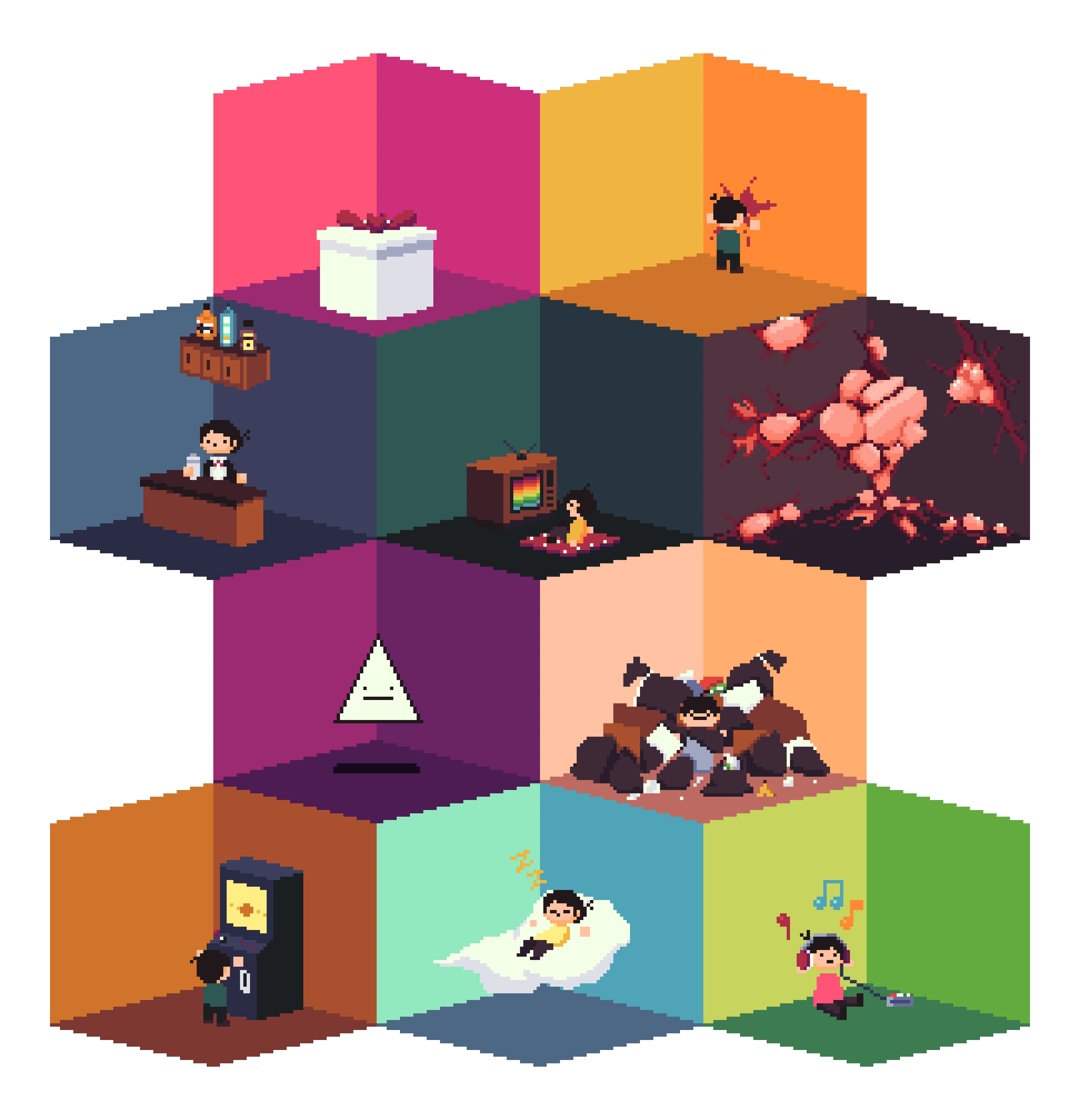 Pixel art self-portrait by Wichan Kim showing him in different colored rooms — a tower of his life's facets.